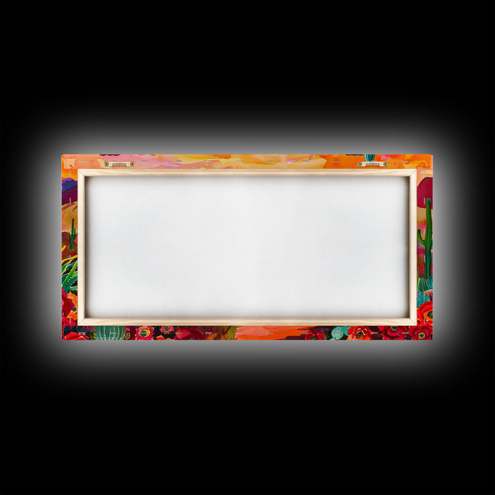 Vibrant desert scene with cacti and blooming flowers, Framed Canvas Print for boho living room, southwestern home decor art