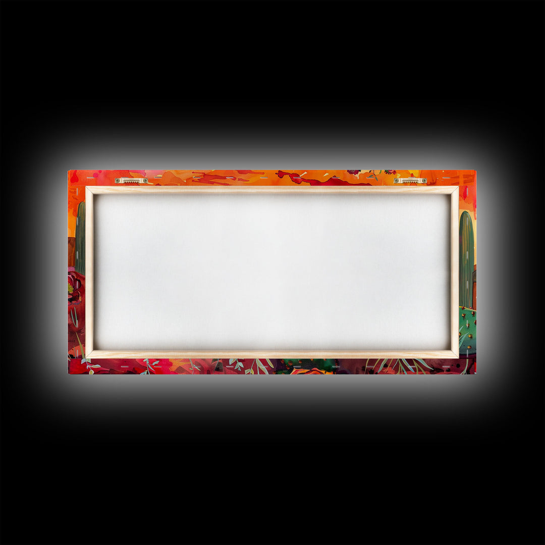 Prickly pear cacti with vibrant blooms in desert scene, Framed Canvas Print, great for modern living room, boho wall decor