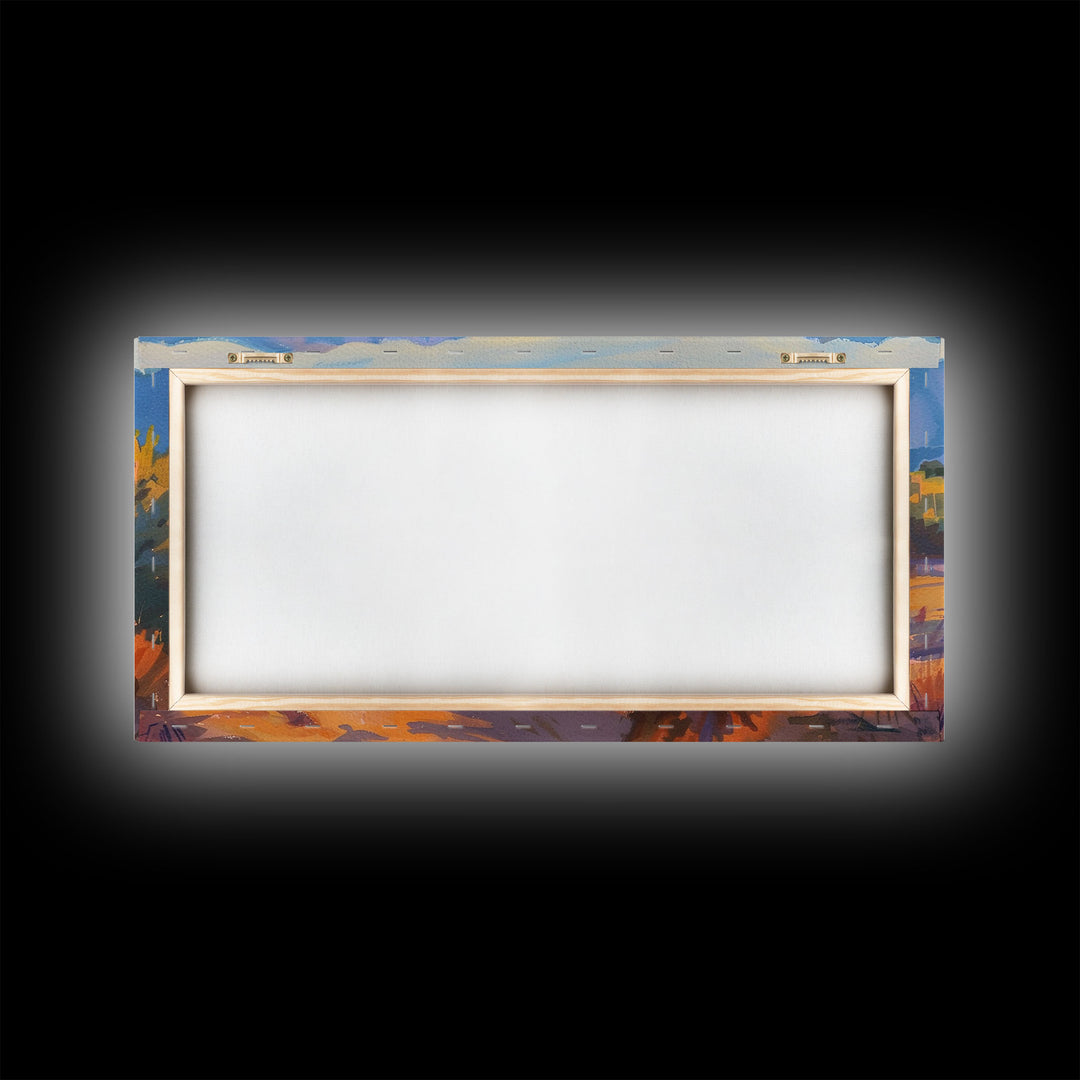 Serene desert landscape with vibrant colors, Framed Canvas Print, perfect for boho living room, southwestern wall art decor