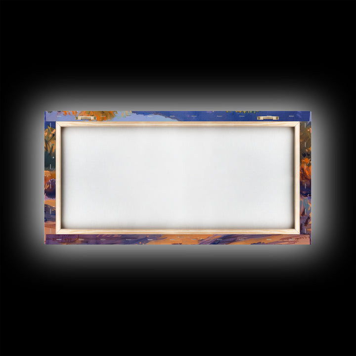 Colorful desert scene with distant mountains, Framed Canvas Print, ideal for minimalist living room, boho wall art decor