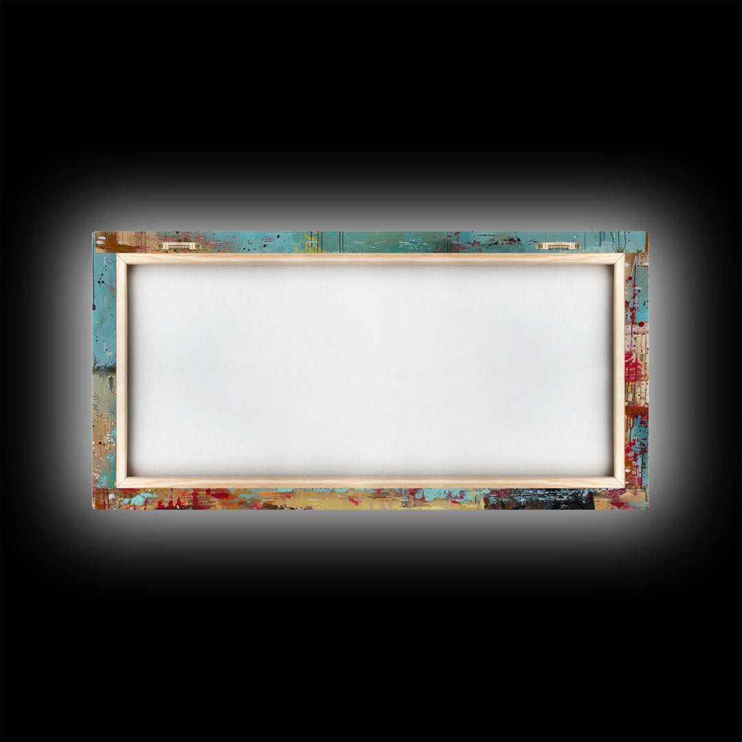 Framed Canvas Print Featuring Western Woman Shooting Revolver in Colorful Town, Ideal for Living Room Wall Art, Bedroom Decor