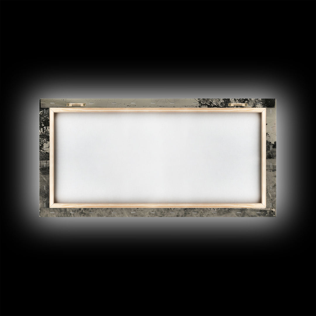 Horse Grazing in Pasture by Farmhouse, Antique Style Framed Canvas Print Country Living Room Decor, Rustic Farmhouse Wall Art, Nature Scene