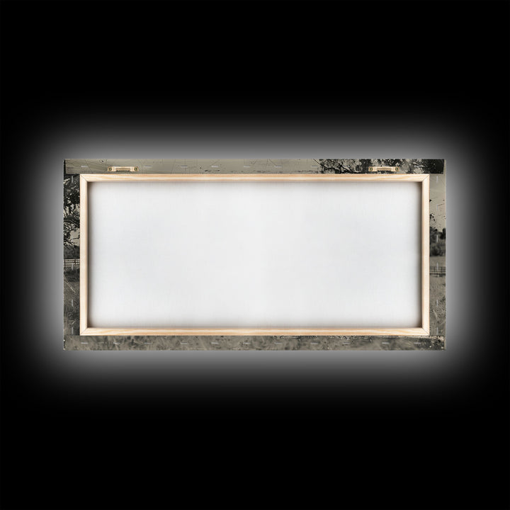 Horse Grazing in Pasture by Farmhouse, Antique Style Framed Canvas Print Country Living Room Decor, Rustic Farmhouse Wall Art, Nature Scene