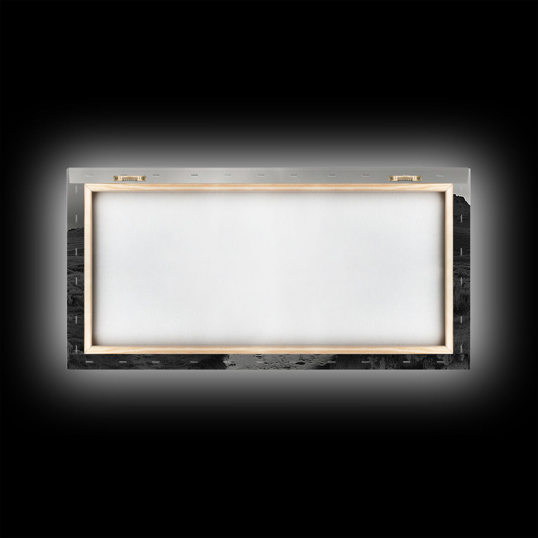 River and Rolling Hills Under Cloudy Sky, Black and White Framed Canvas Print Rustic Farmhouse Living Room Decor, Landscape Art, Home Decor