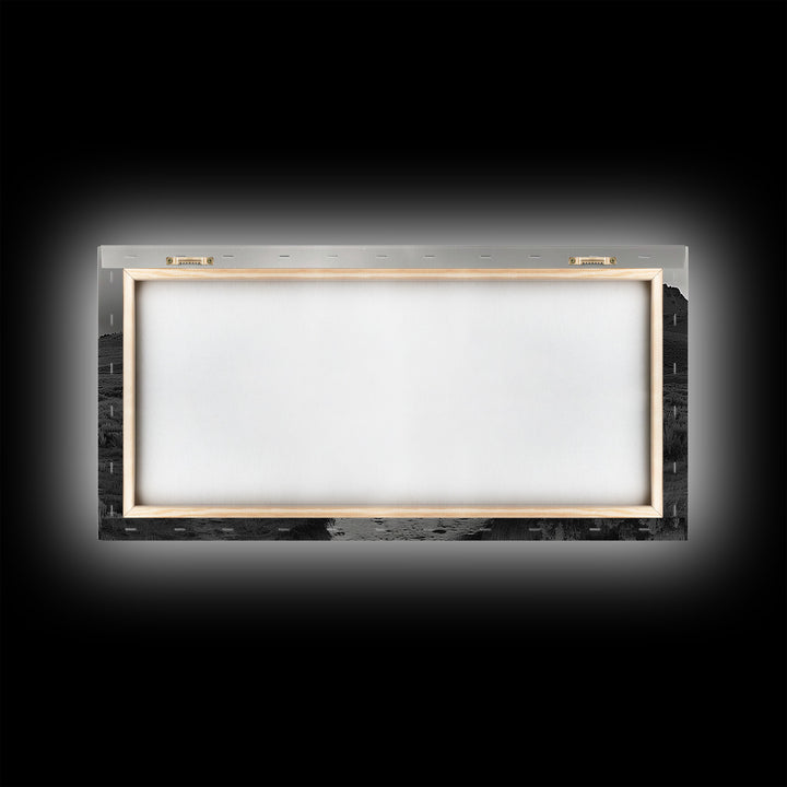 River and Rolling Hills Under Cloudy Sky, Black and White Framed Canvas Print Rustic Farmhouse Living Room Decor, Landscape Art, Home Decor