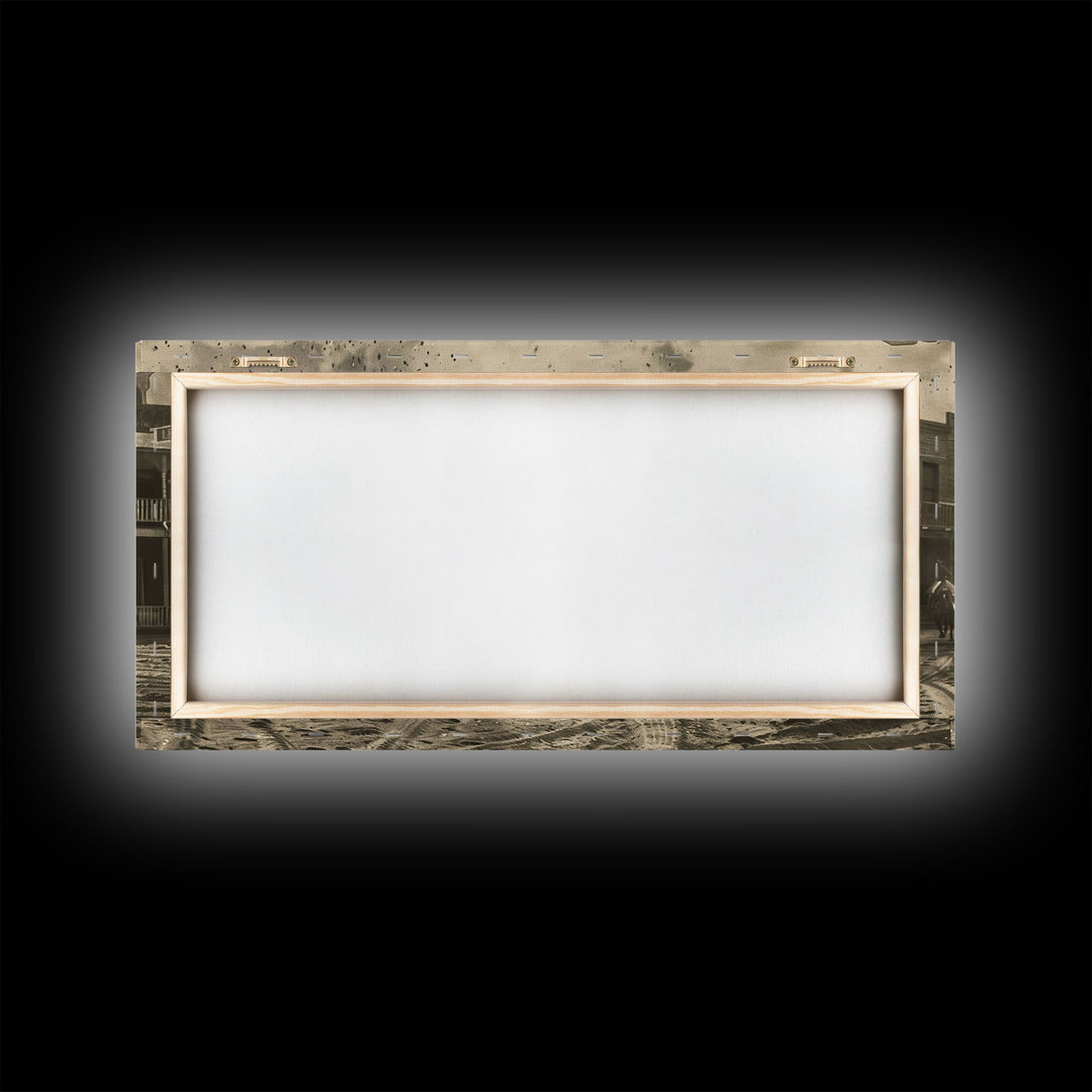 Cowboys Riding into Town, Vintage Framed Canvas Print Farmhouse Living Room Wall Art, Rustic Home Decor, Western Scene, Historical Art Piece