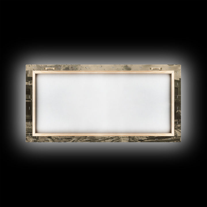 Cowboys Riding into Town, Vintage Framed Canvas Print Farmhouse Living Room Wall Art, Rustic Home Decor, Western Scene, Historical Art Piece