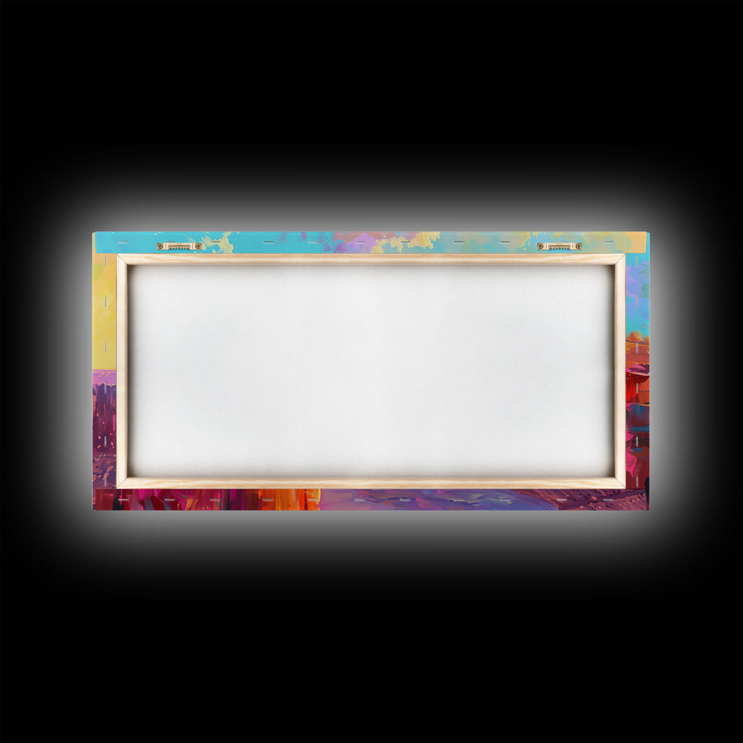 Cowboy on Horse Overlooking Canyon Sunset, Farmhouse Style Framed Canvas Print for Living Room Wall Art, Vibrant Home Decor, Western Scene