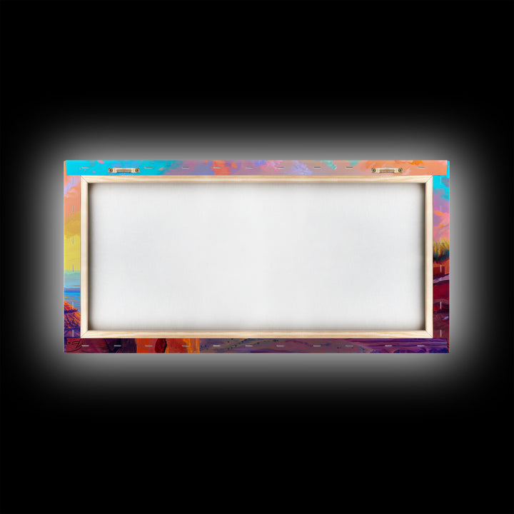 Cowboy with Horse on Cliff Edge, Farmhouse Style Framed Canvas Print for Living Room Wall Art, Vibrant Home Decor, Western Scenic Art