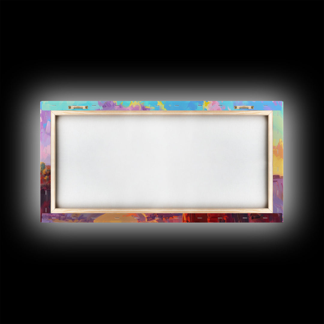 Cowboy on Horse Under Vibrant Sky, Farmhouse Style Framed Canvas Print for Bedroom Wall Art, Rustic Home Decor, Western Scenic Art