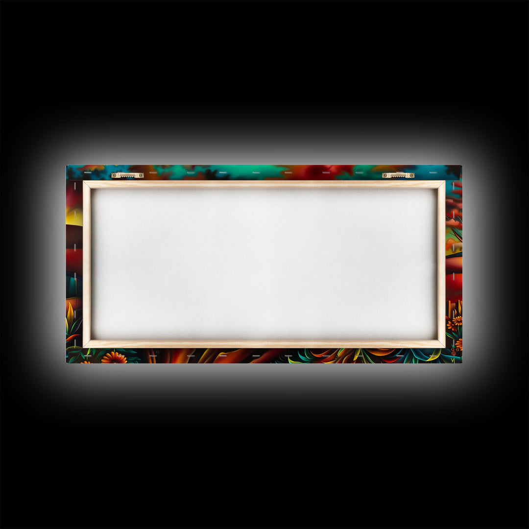 Colorful Farm Scene with Sunrise Over Mountains, Perfect Wall Art, Framed Canvas Print for Living Room or Bedroom Decor, Vibrant Nature Art