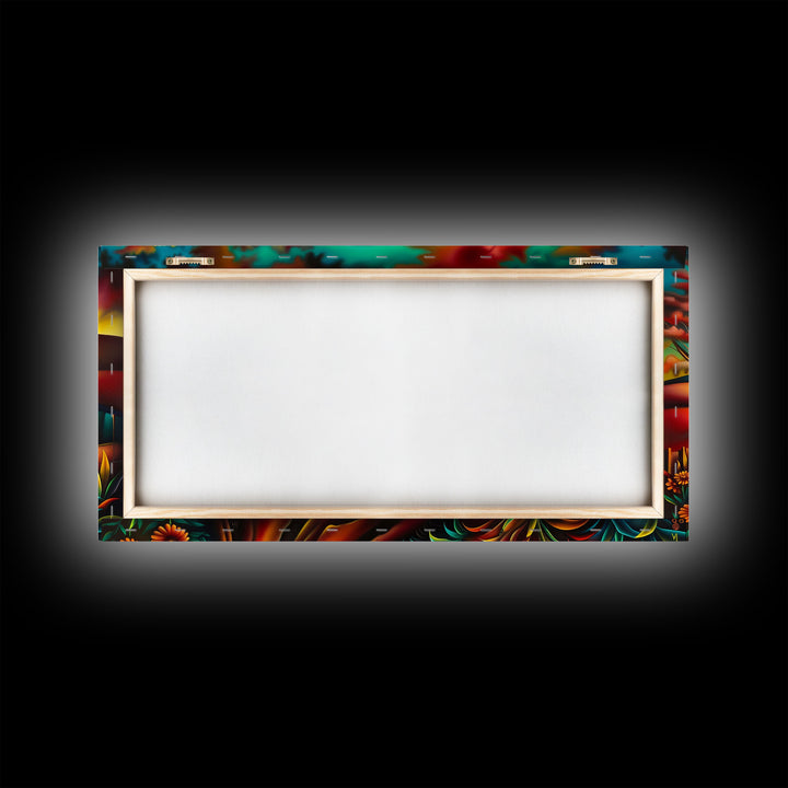 Colorful Farm Scene with Sunrise Over Mountains, Perfect Wall Art, Framed Canvas Print for Living Room or Bedroom Decor, Vibrant Nature Art