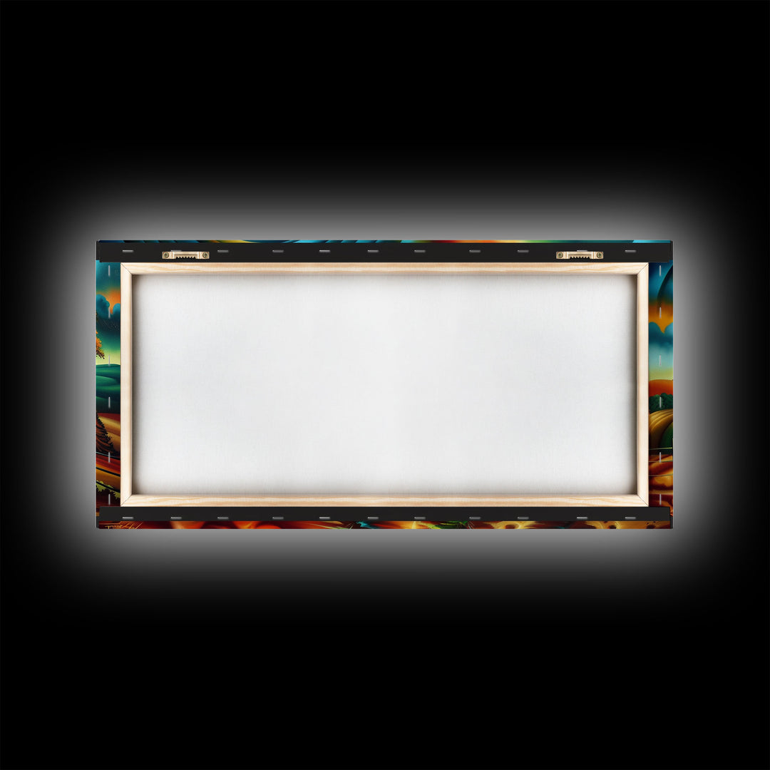 Colorful Abstract Farm Landscape with Rolling Hills, Perfect Wall Art, Framed Canvas Print Living Room or Bedroom Decor, Vibrant Nature Art