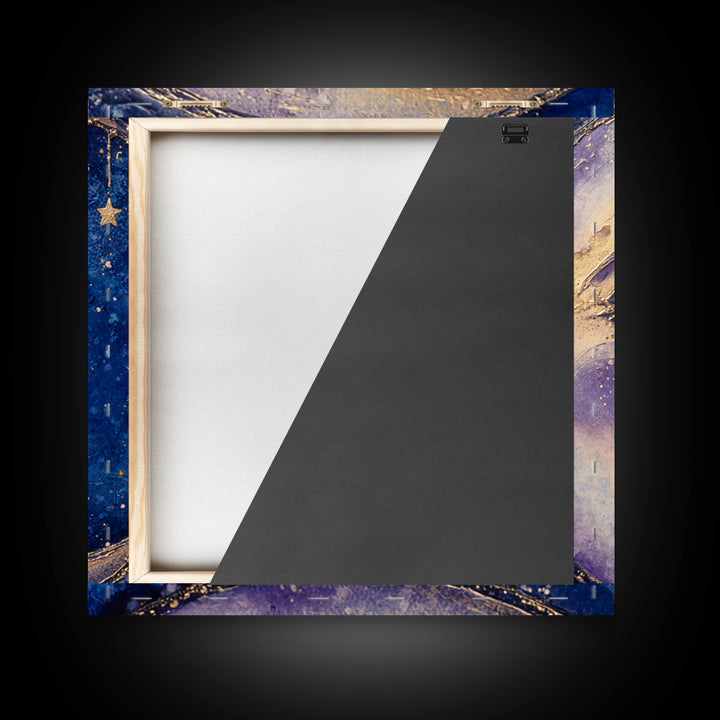 Moon with Sleeping Face and Dangling Stars Framed Canvas Print, Whimsical Art, Room Decor, Living Room Decor, Oil Painting, WHI-1x1-40