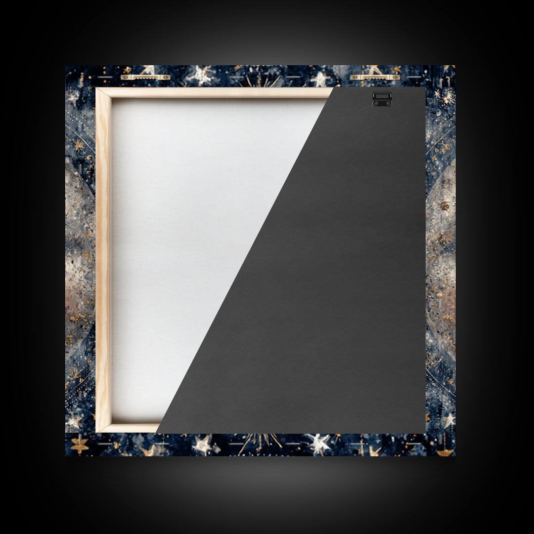 Moon with Sleeping Face and Dangling Stars Framed Canvas Print, Whimsical Art, Living Room Decor, Wonder, Gallery Decor, WHI-1x1-64