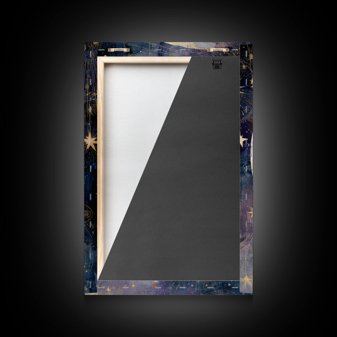Moon with Sleeping Face and Dangling Stars Framed Canvas Print, Whimsical Art, Home Decor, Living Room Decor, Fine Art, Wonder, WHI-2x3-48