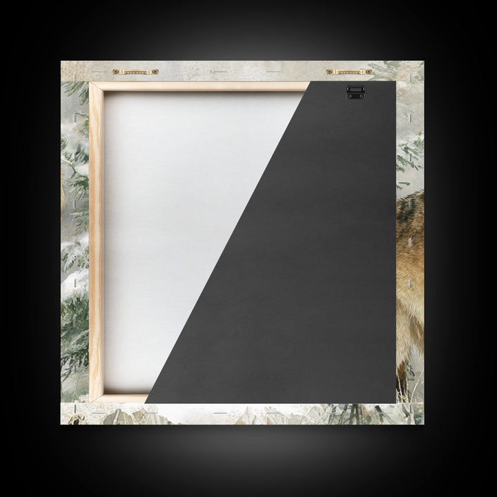 Wolf Standing Beneath Snowy Pine Trees Framed Canvas Print, Wildlife Art, Rustic Home Decor, Living Room Decor, Oil Painting, WIL-1x1-51