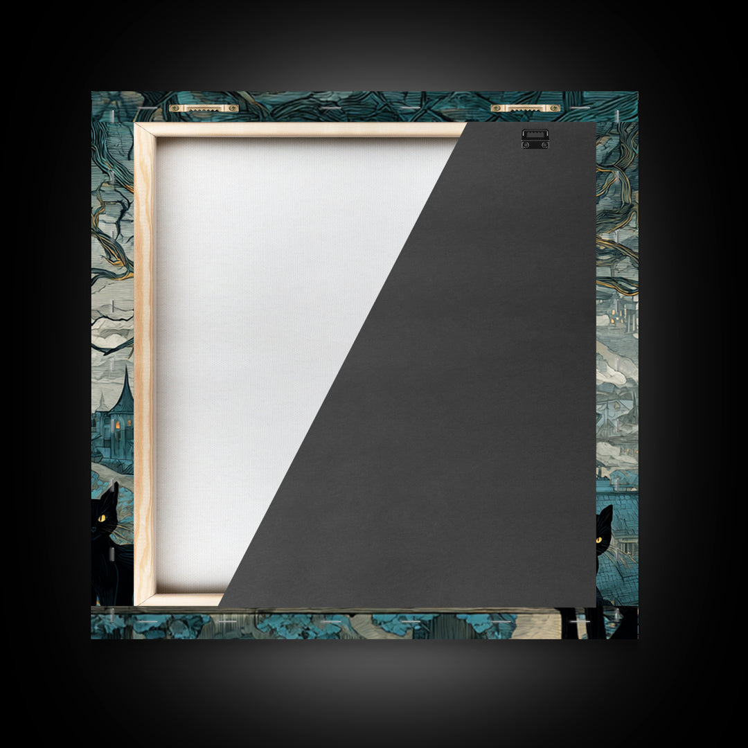 The Moonlit Cat Masquerade - Environmental Panorama, Spooky Wall Decor, Square Wall Art, Framed Canvas Print, Halloween Home Decor