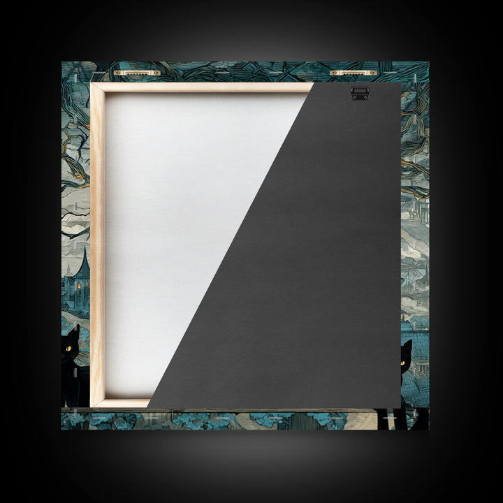 The Moonlit Cat Masquerade - Environmental Panorama, Spooky Wall Decor, Square Wall Art, Framed Canvas Print, Halloween Home Decor