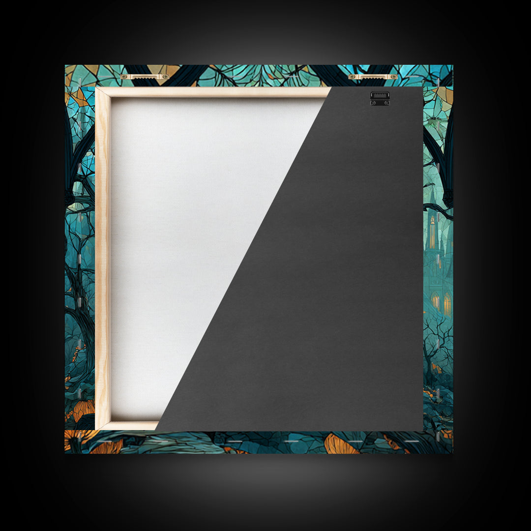 The Spiderweb Cathedral Window - Environmental Panorama, Halloween Wall Art, Square Wall Art, Framed Canvas Print, Halloween Home Decor