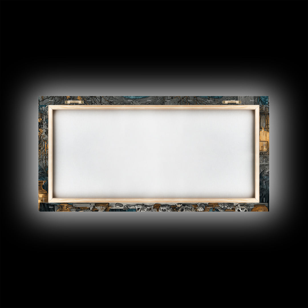 The Raven-Masked Ballroom - Occult Still Life, Halloween Wall Art, Wide Panoramic Art, Framed Canvas Print, Halloween Home Decor