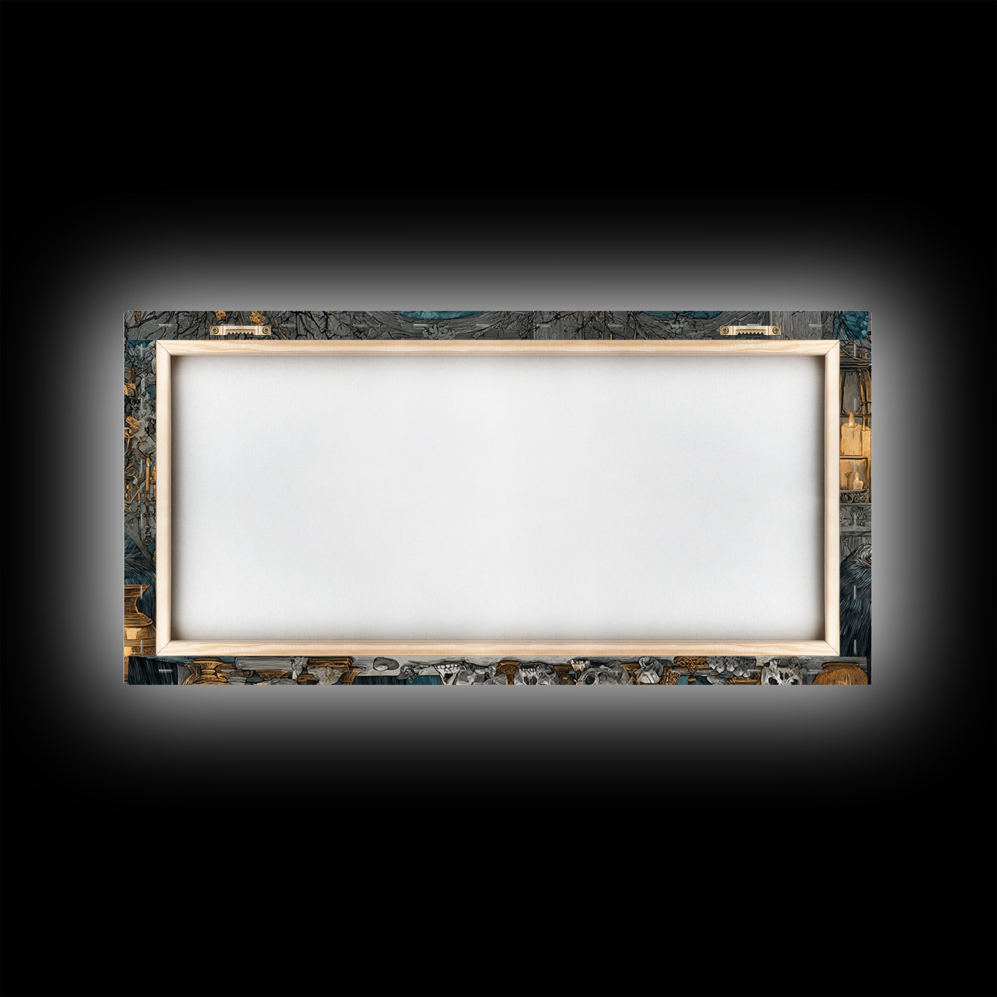 The Raven-Masked Ballroom - Occult Still Life, Halloween Wall Art, Wide Panoramic Art, Framed Canvas Print, Halloween Home Decor