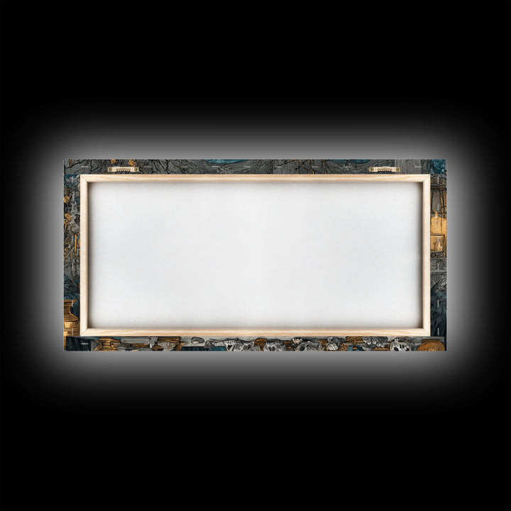 The Raven-Masked Ballroom - Occult Still Life, Halloween Wall Art, Wide Panoramic Art, Framed Canvas Print, Halloween Home Decor