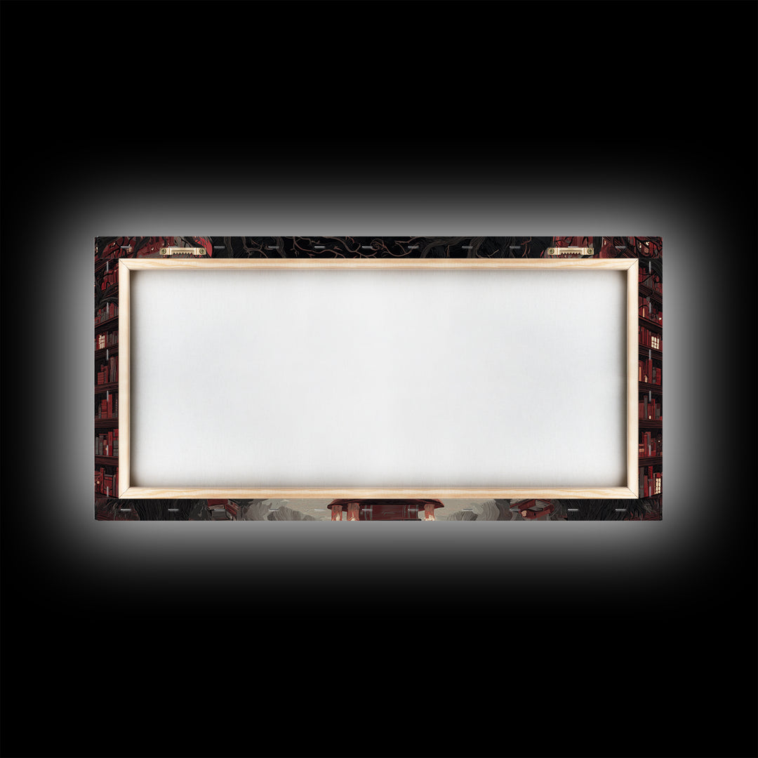 The Catacomb Library - Environmental Panorama, Macabre Halloween Art, Wide Panoramic Art, Framed Canvas Print, Halloween Home Decor