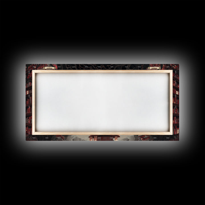 The Catacomb Library - Environmental Panorama, Macabre Halloween Art, Wide Panoramic Art, Framed Canvas Print, Halloween Home Decor