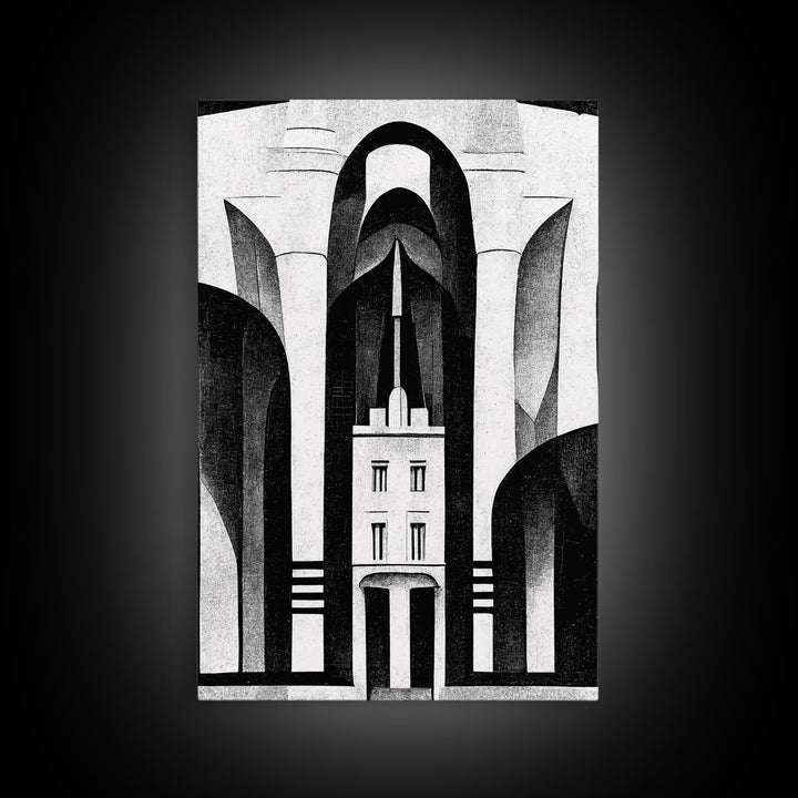 Art Deco Black And White Art Print, Art Deco Architecture, Framed Canvas Print, Ready To Hang Framed Wall Art, Living Room Wall Hanging