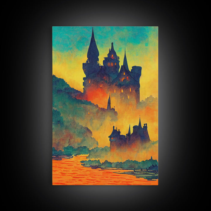 Watercolor Painting of A Transylvania Castle, Framed Canvas Print, Ready To Hang Framed Wall Art, Living Room Wall Hanging
