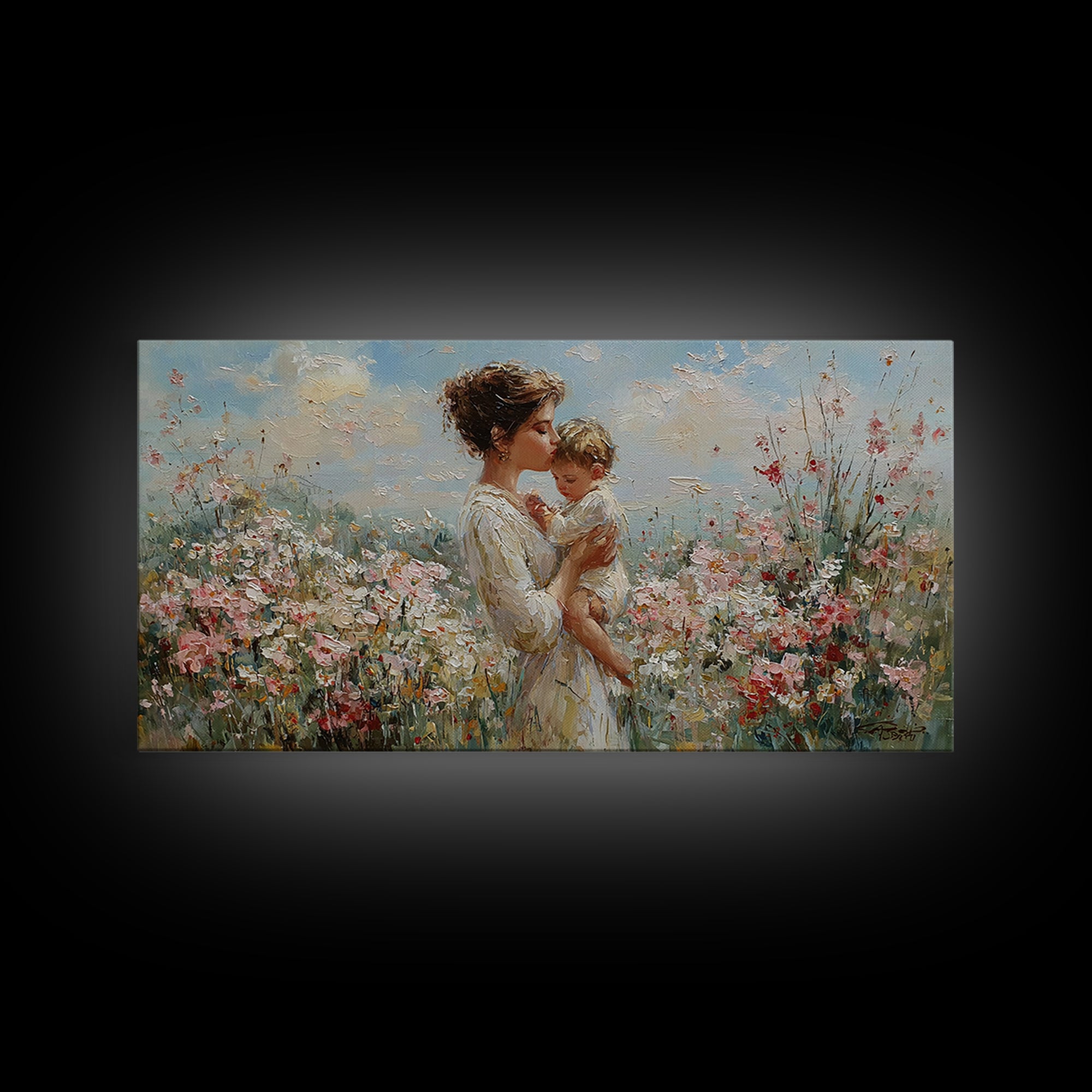 Mother Holding Baby In Sunlit Flower Field Wall Art, Impressionist Floral Canvas Print, Nursery Decor, Gift For Mom, Living Room Decor