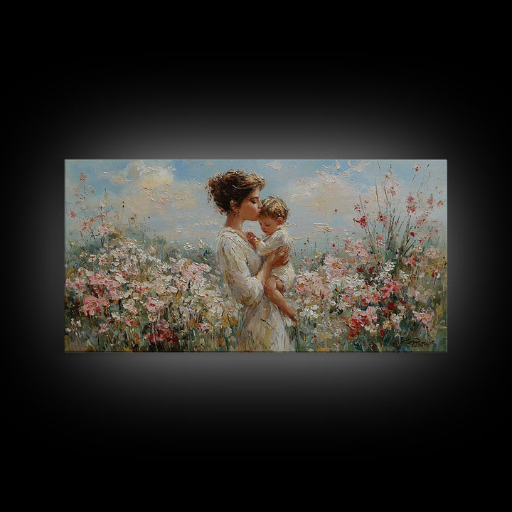 Mother Holding Baby In Sunlit Flower Field Wall Art, Impressionist Floral Canvas Print, Nursery Decor, Gift For Mom, Living Room Decor