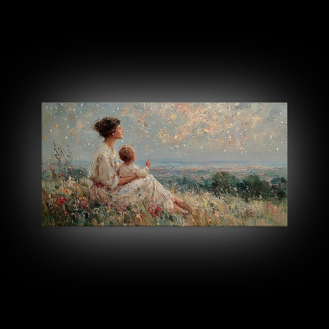 Mother And Child Watching Ocean Sunset Framed Canvas Print, Coastal Wildflower Wall Art, Calming Bedroom Decor Gift For Her