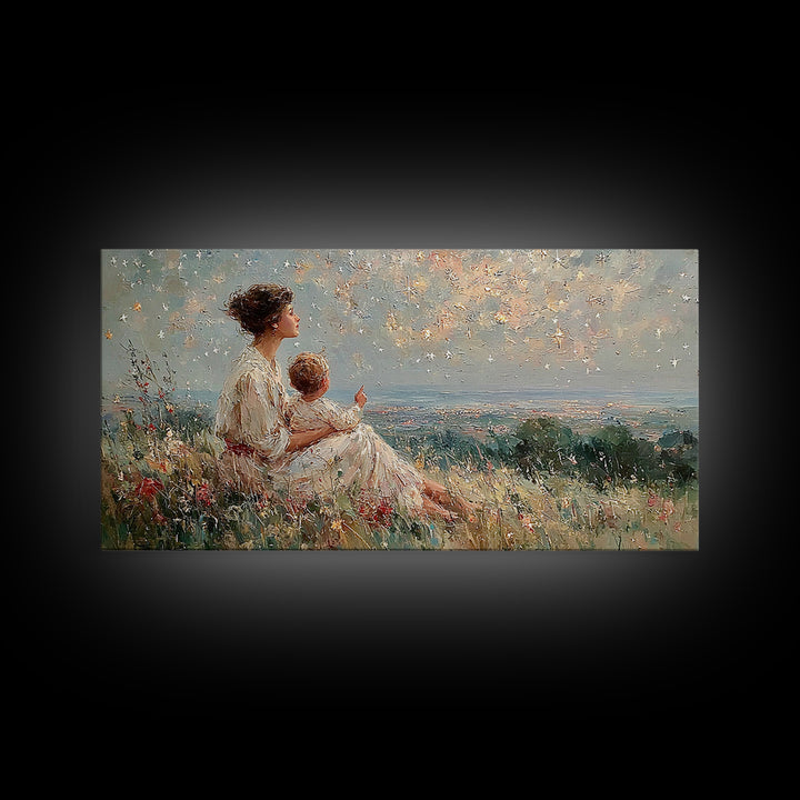 Mother And Child Watching Ocean Sunset Framed Canvas Print, Coastal Wildflower Wall Art, Calming Bedroom Decor Gift For Her