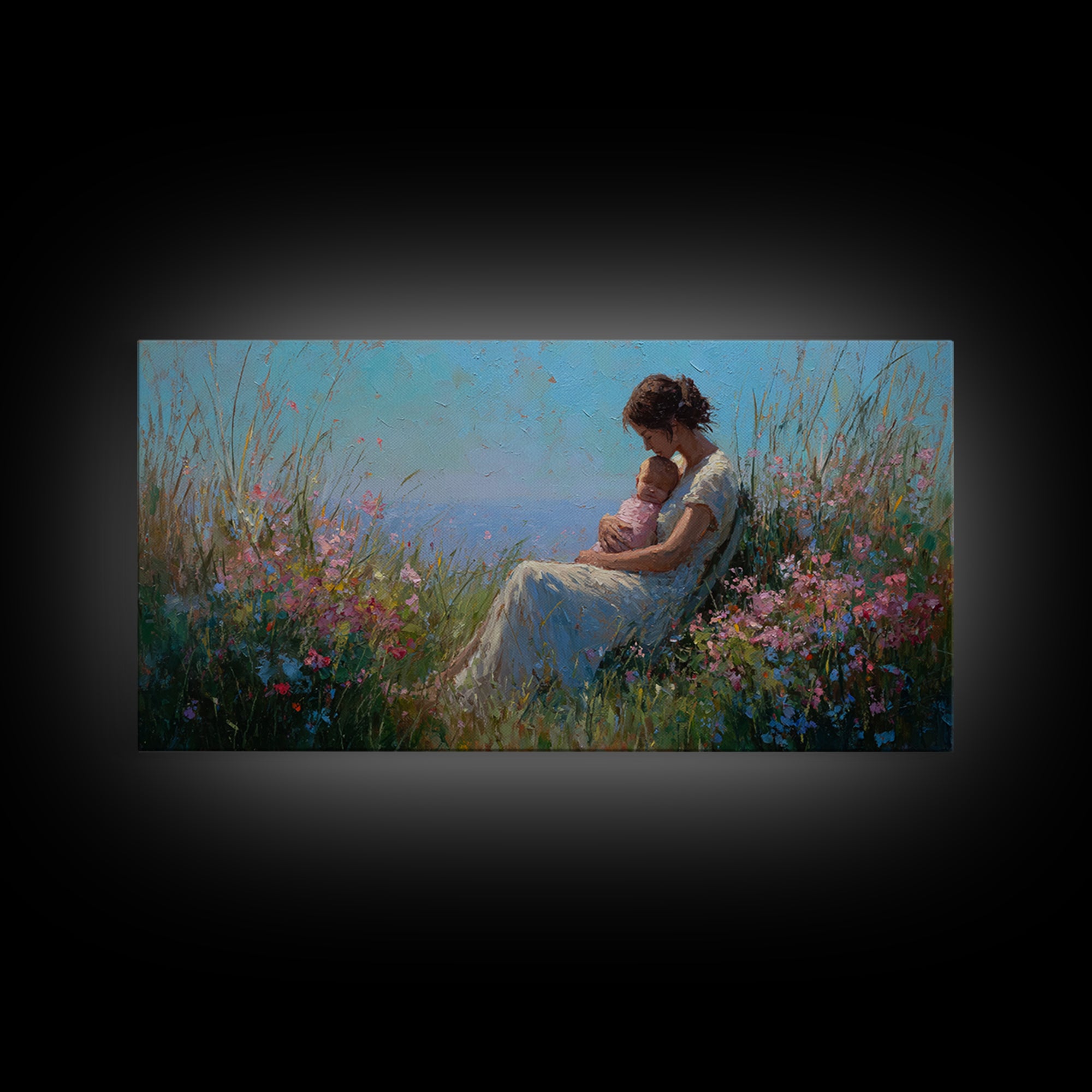 Mother Nursing Baby In Blue Meadow Canvas Print, Wildflower Wall Art, Peaceful Nursery Decor, Gift For New Mom, Boho Home Decor