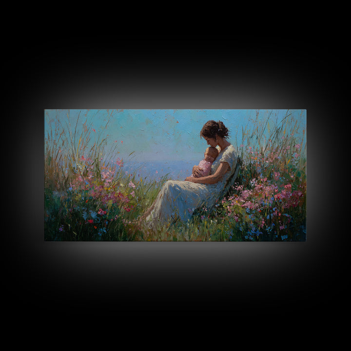 Mother Nursing Baby In Blue Meadow Canvas Print, Wildflower Wall Art, Peaceful Nursery Decor, Gift For New Mom, Boho Home Decor