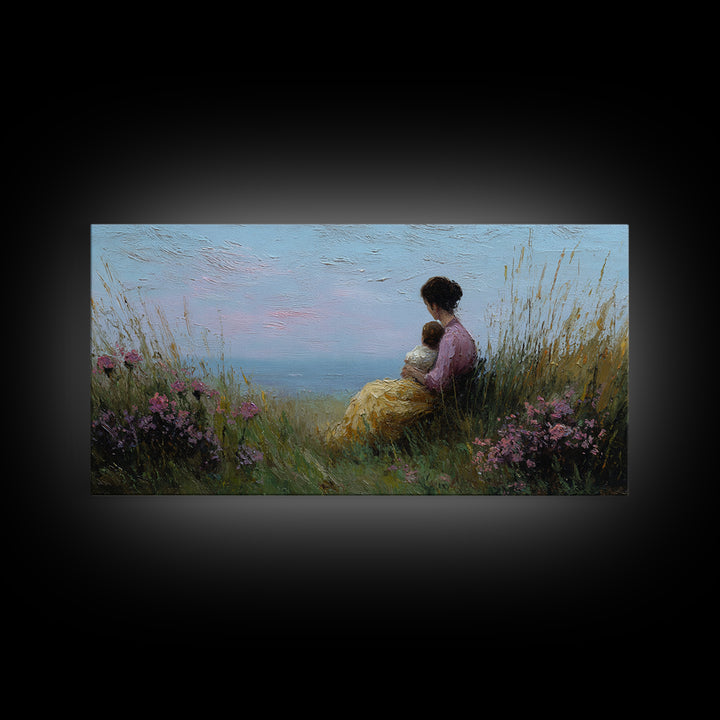 Mother And Child Beside Quiet Lake Wall Art, Impressionist Meadow Framed Canvas Print, Calming Nursery Decor Gift For Her