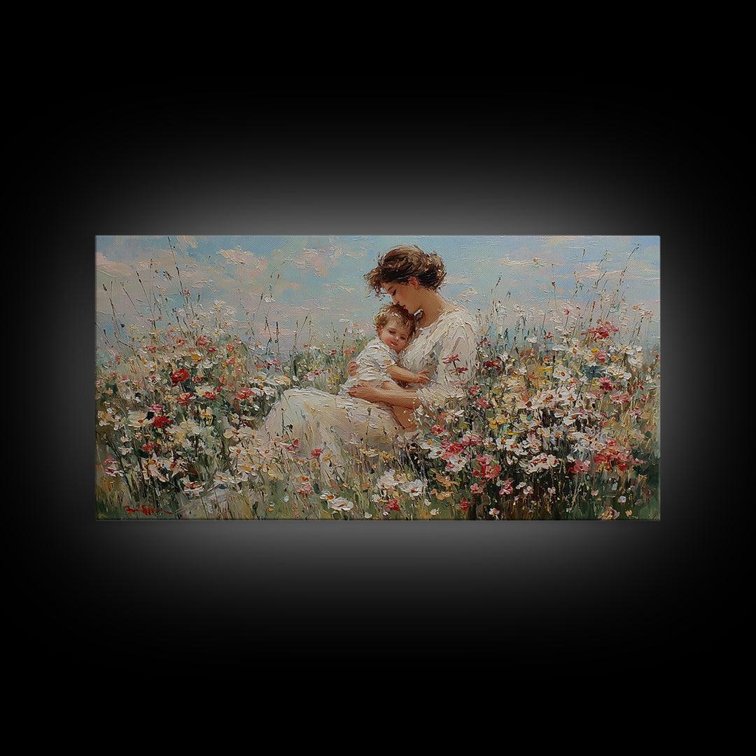 Mother And Baby Embraced Among Daisies Wall Art, Impressionist Floral Canvas Print, Nursery Wall Decor, Gift For Her, Motherhood Gift