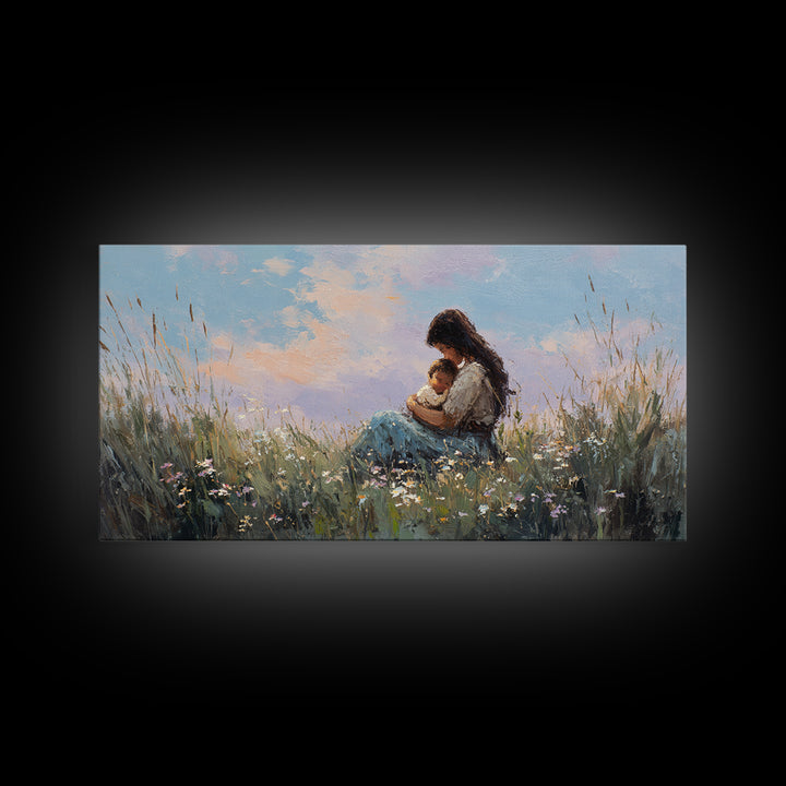 Mother Holding Baby At Sunset Meadow Canvas Print, Boho Wildflower Wall Art, Nursery Decor, Gift For New Mom, Bedroom Decor