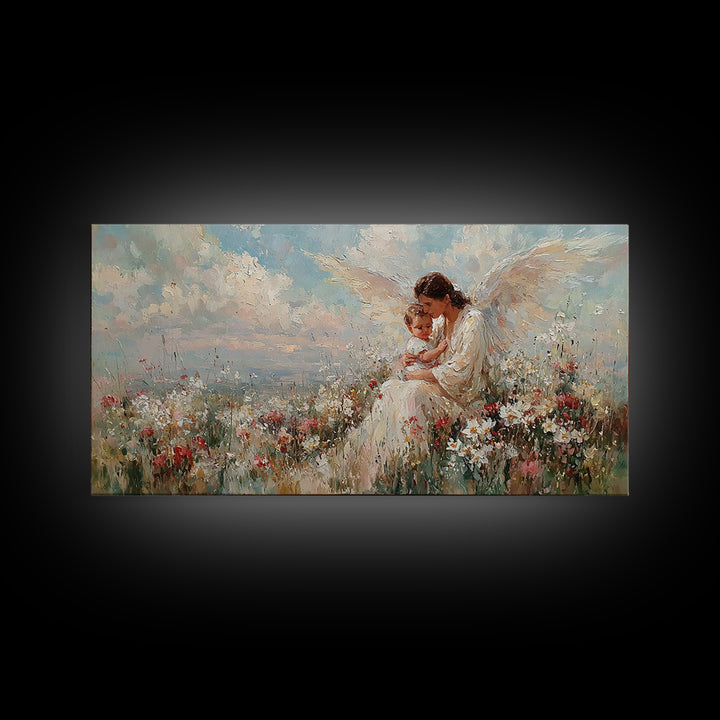 Guardian Angel Mother With Child In Flowers Framed Canvas Print, Heavenly Wall Art, Spiritual Nursery Decor, Gift For Her