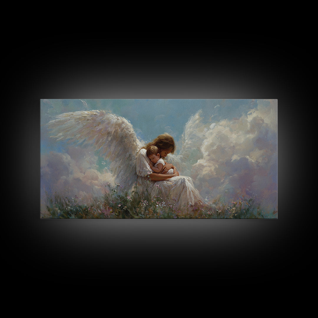 Guardian Angel Embracing Child In Clouds Wall Art, Heavenly Framed Canvas Print, Christian Nursery Decor, Sympathy Gift For Her