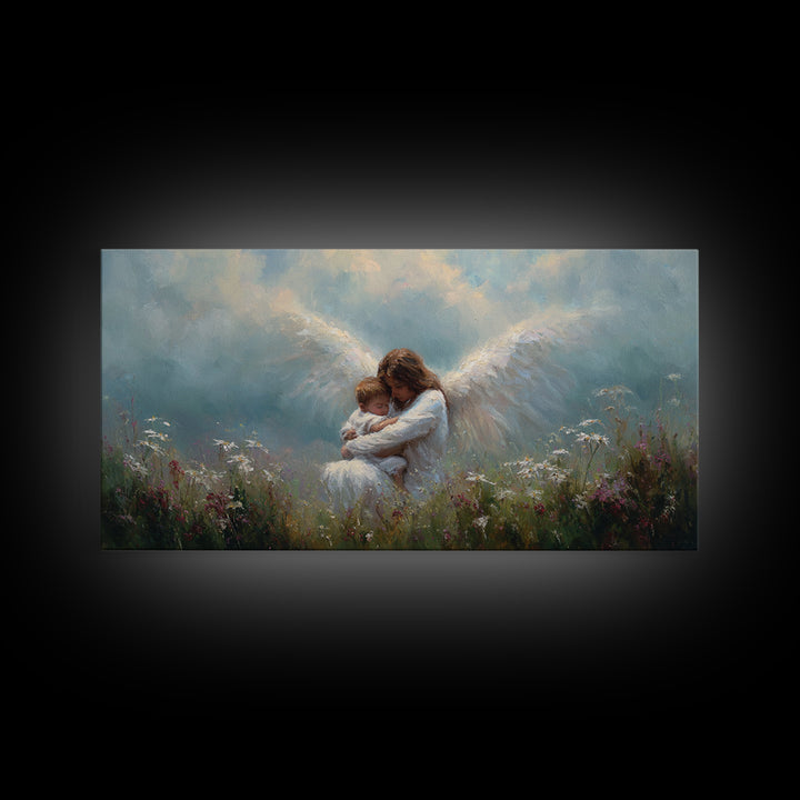 Guardian Angel Embracing Baby In Wildflower Meadow Framed Canvas Print, Christian Nursery Wall Art, Gift For Mom, Spiritual Home Decor