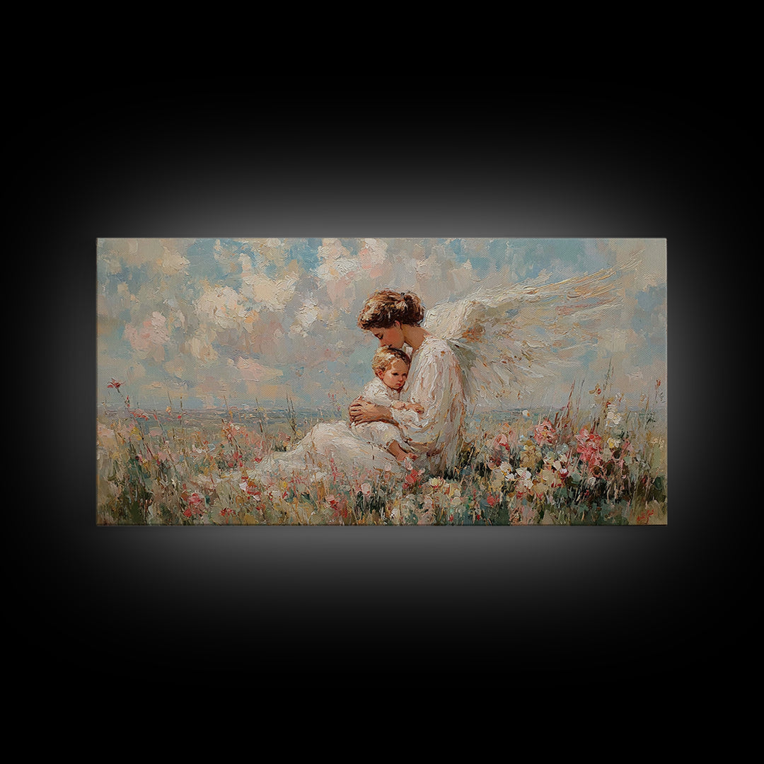 Seated Guardian Angel With Infant In Pastel Wildflowers Canvas Print, Christian Wall Art, Nursery Decor, Baby Shower Gift
