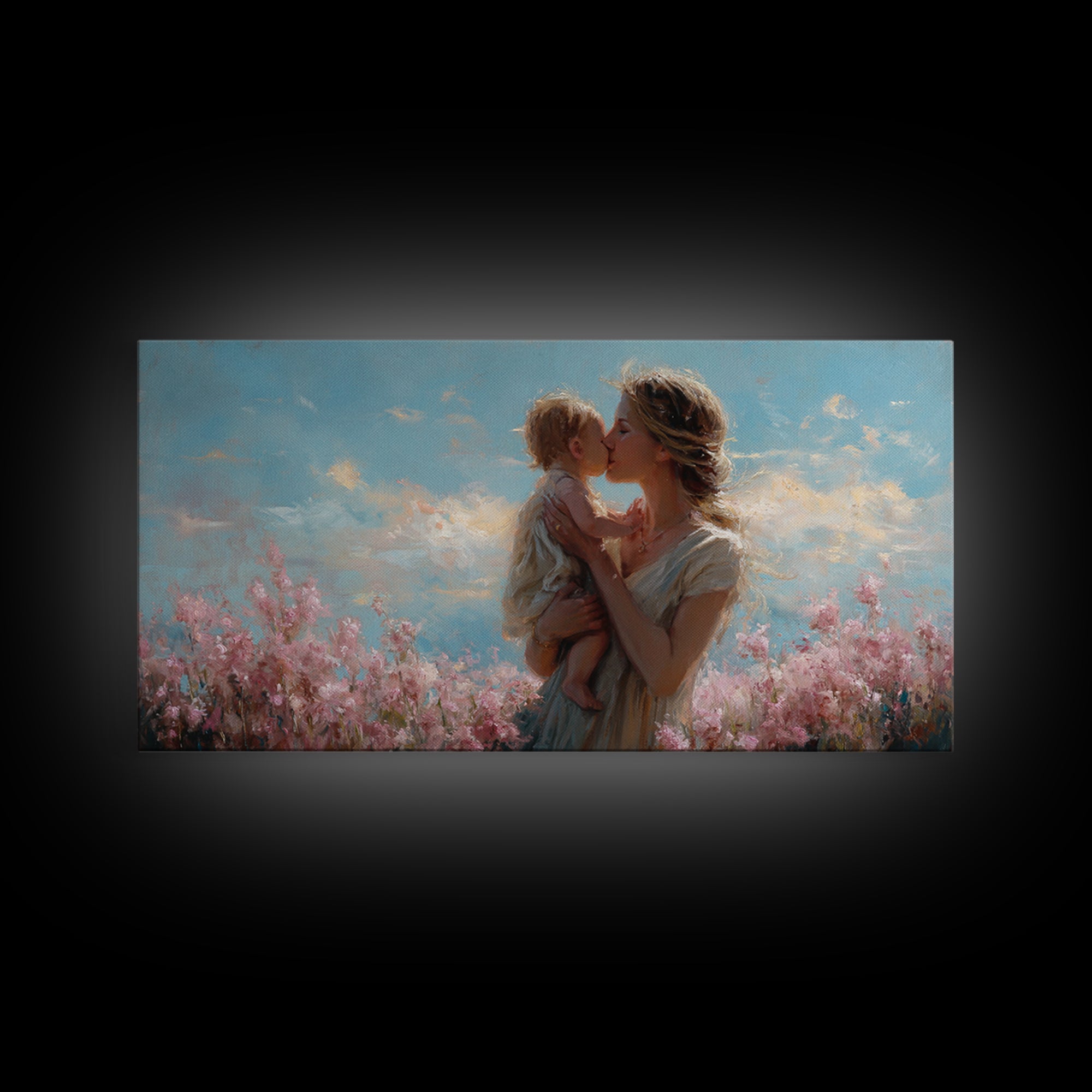 Tender Mother Kissing Child Among Pink Blossoms Wall Art, Feminine Nursery Decor, Mothers Day Gift, Living Room Art, Home Decor
