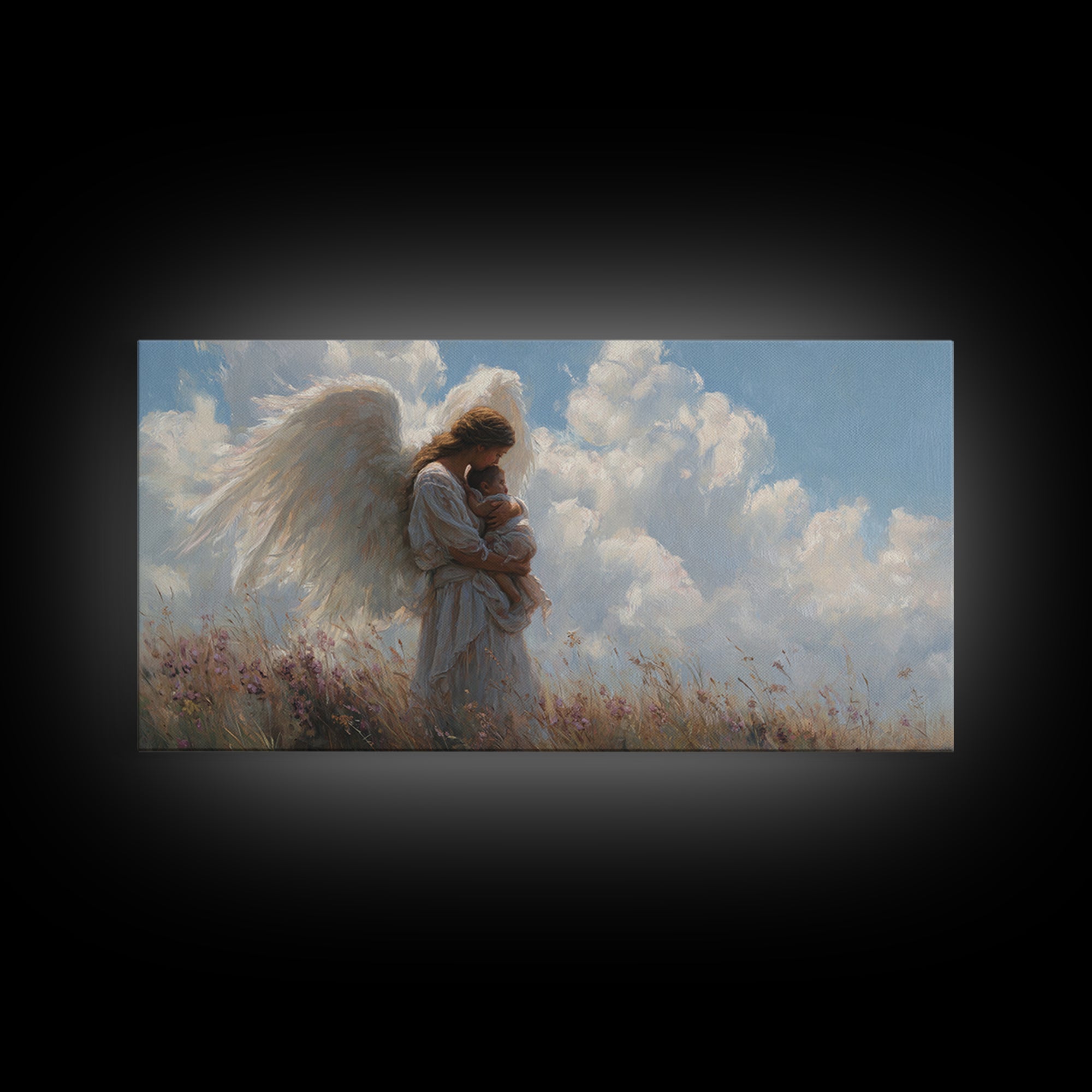Angel Mother Cradling Baby Beneath Bright Clouds Framed Canvas Print, Christian Wall Art, Nursery Decor, Spiritual Gift For Her