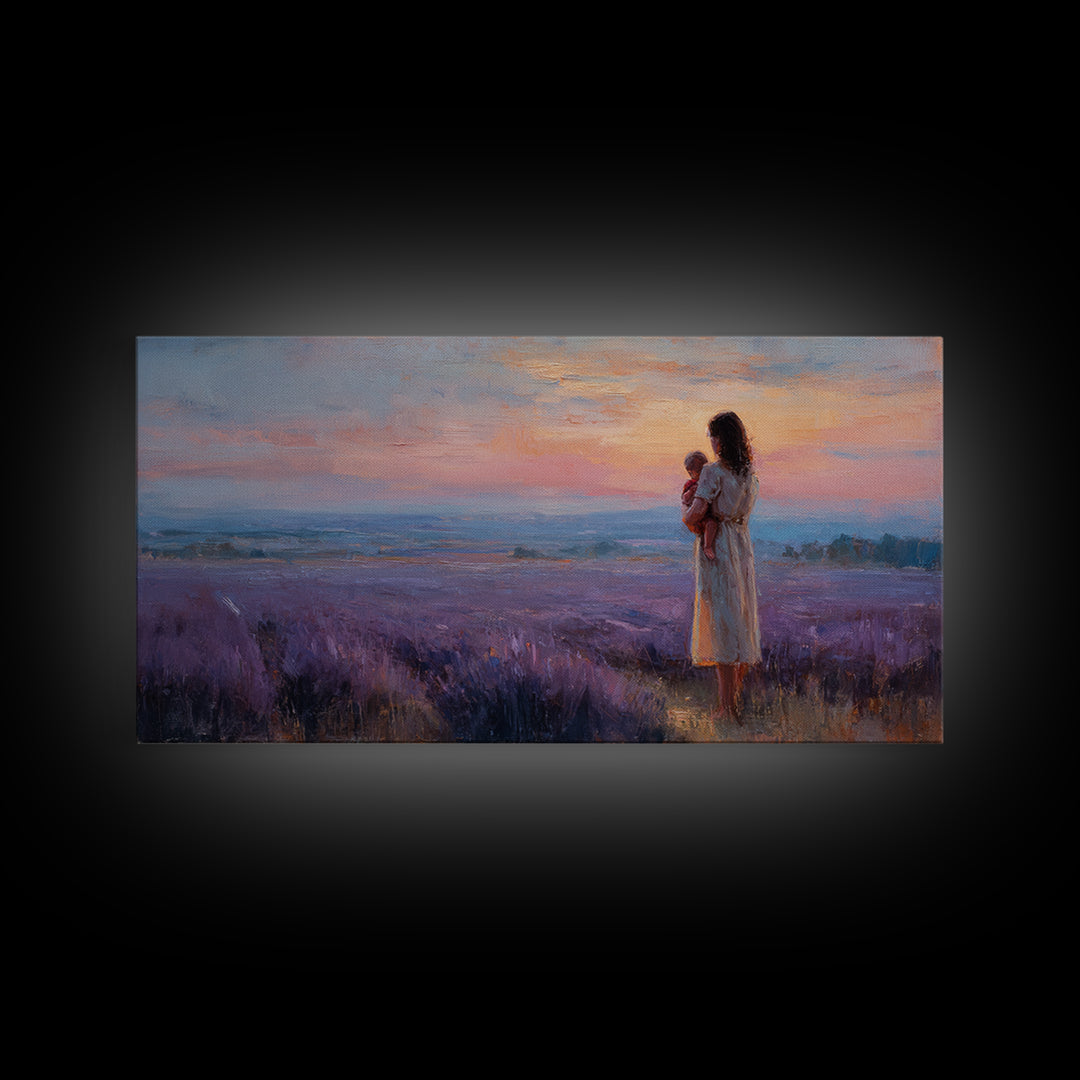 Mother Holding Baby At Lavender Field Sunset Canvas Print, Purple Landscape Wall Art, Mothers Day Gift, Bedroom Decor, Home Decor