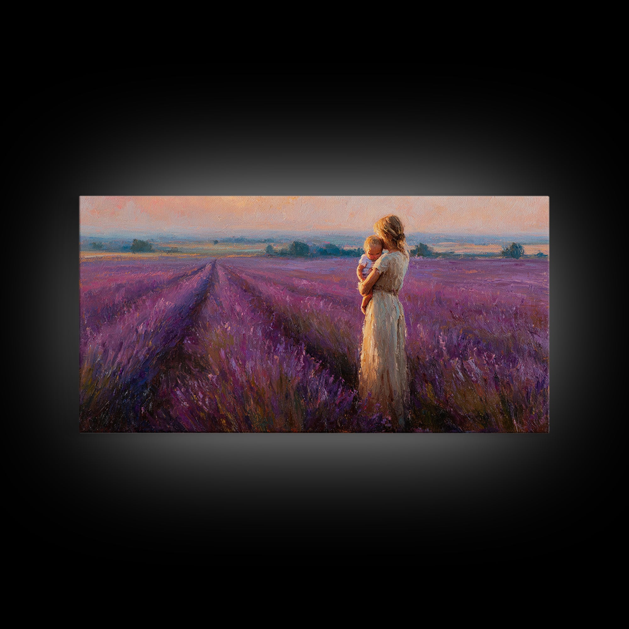 Mother And Baby In Lavender Rows At Golden Sunset Framed Canvas Print, Provence Landscape Wall Art, Gift For Mom, Home Decor