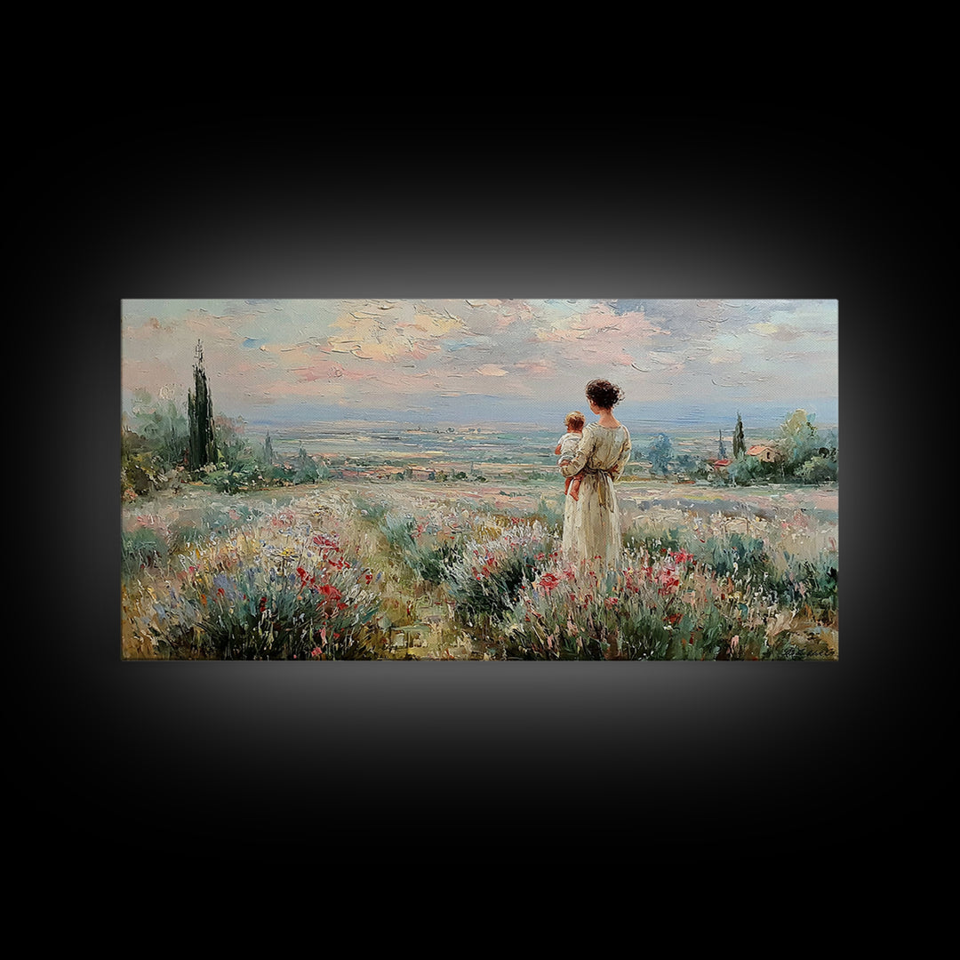 Mother With Baby Over Tuscan Wildflower Valley Canvas Print, Italian Countryside Wall Art, Mothers Day Gift, Living Room Decor