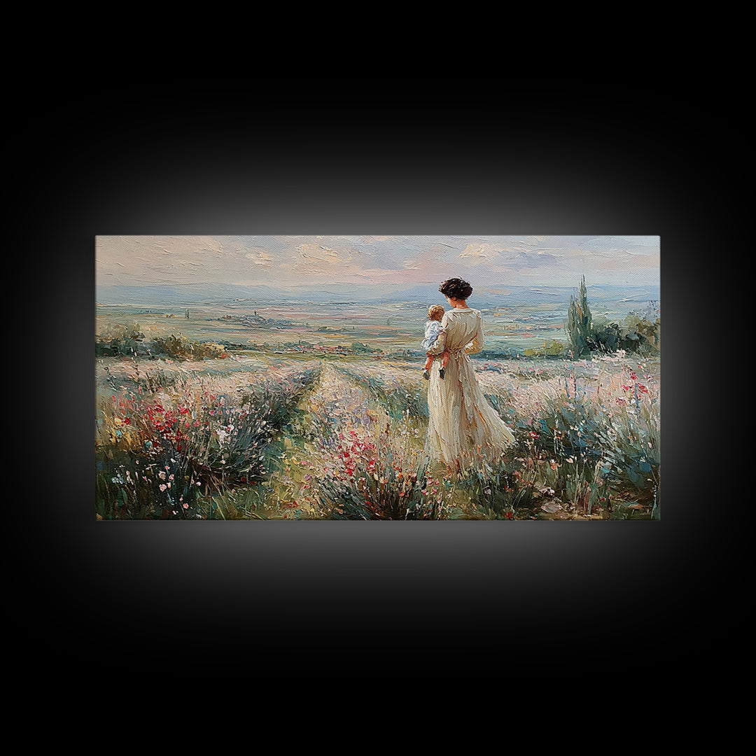 Mother Holding Baby Beside Tuscan Garden Path Wall Art, Italian Landscape Print, Framed Canvas Print, Housewarming Gift, Home Decor
